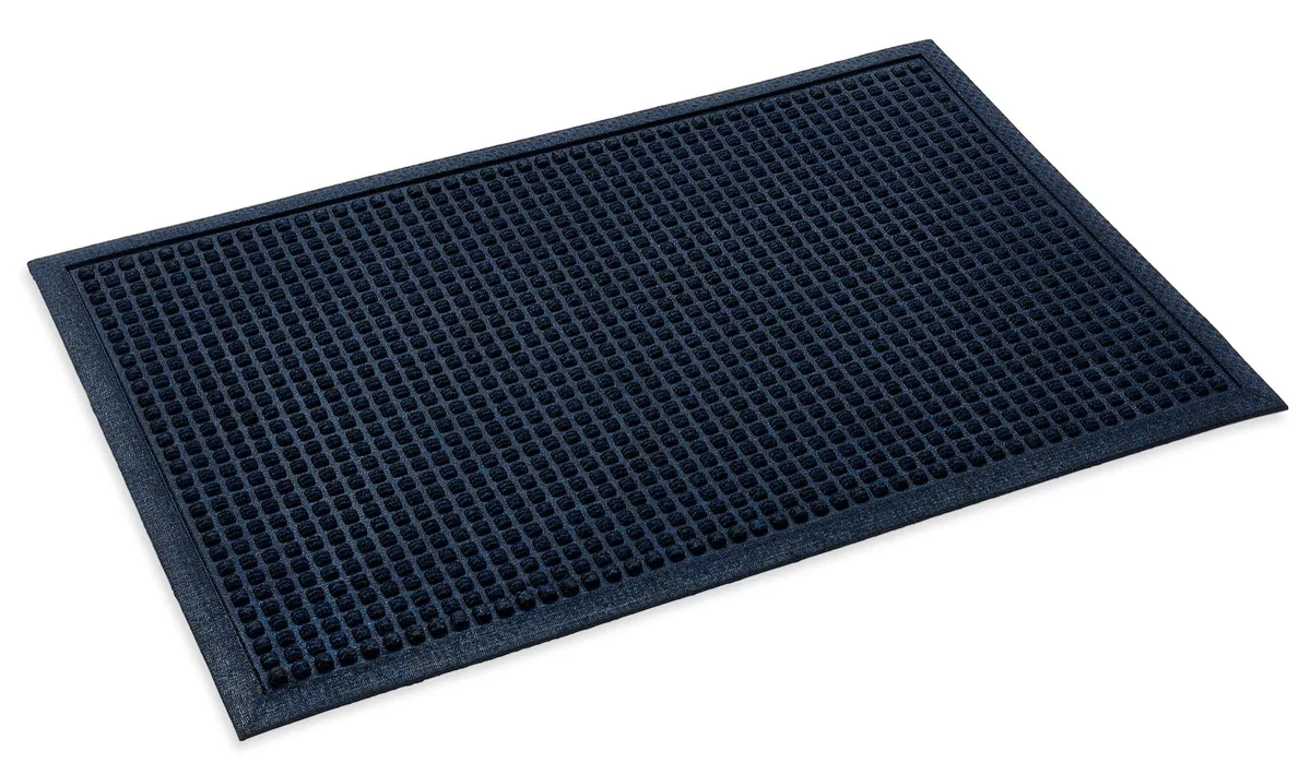 Blue Dirt Trapper doormat with a raised square pattern
