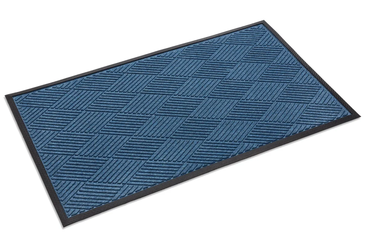 Blue diamond-pattern entrance mat with a rubber border