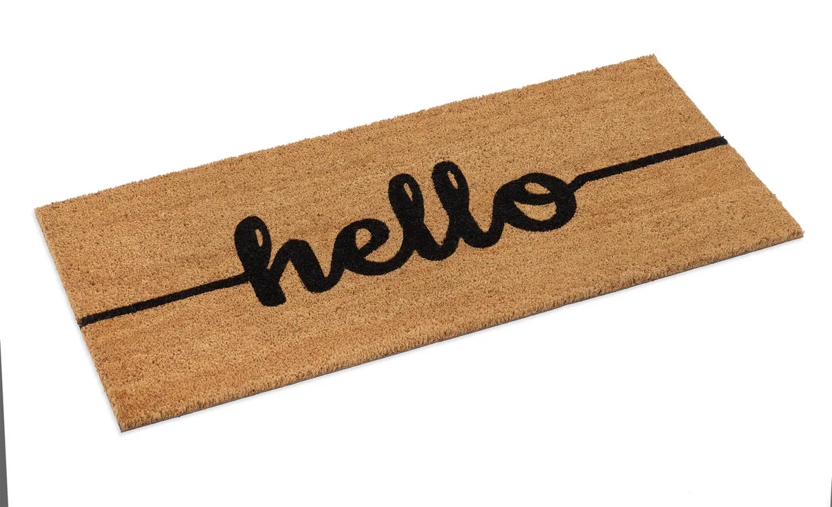 Natural coir doormat printed with the word hello