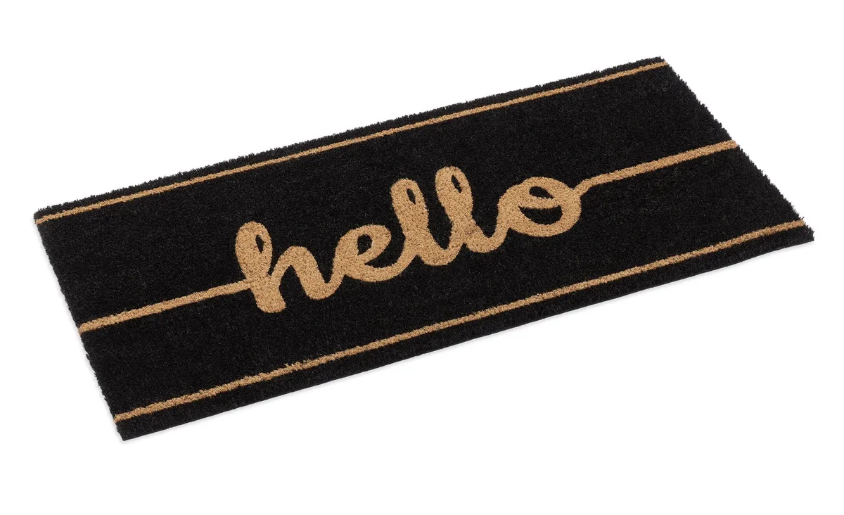 Black coir doormat printed with the word hello